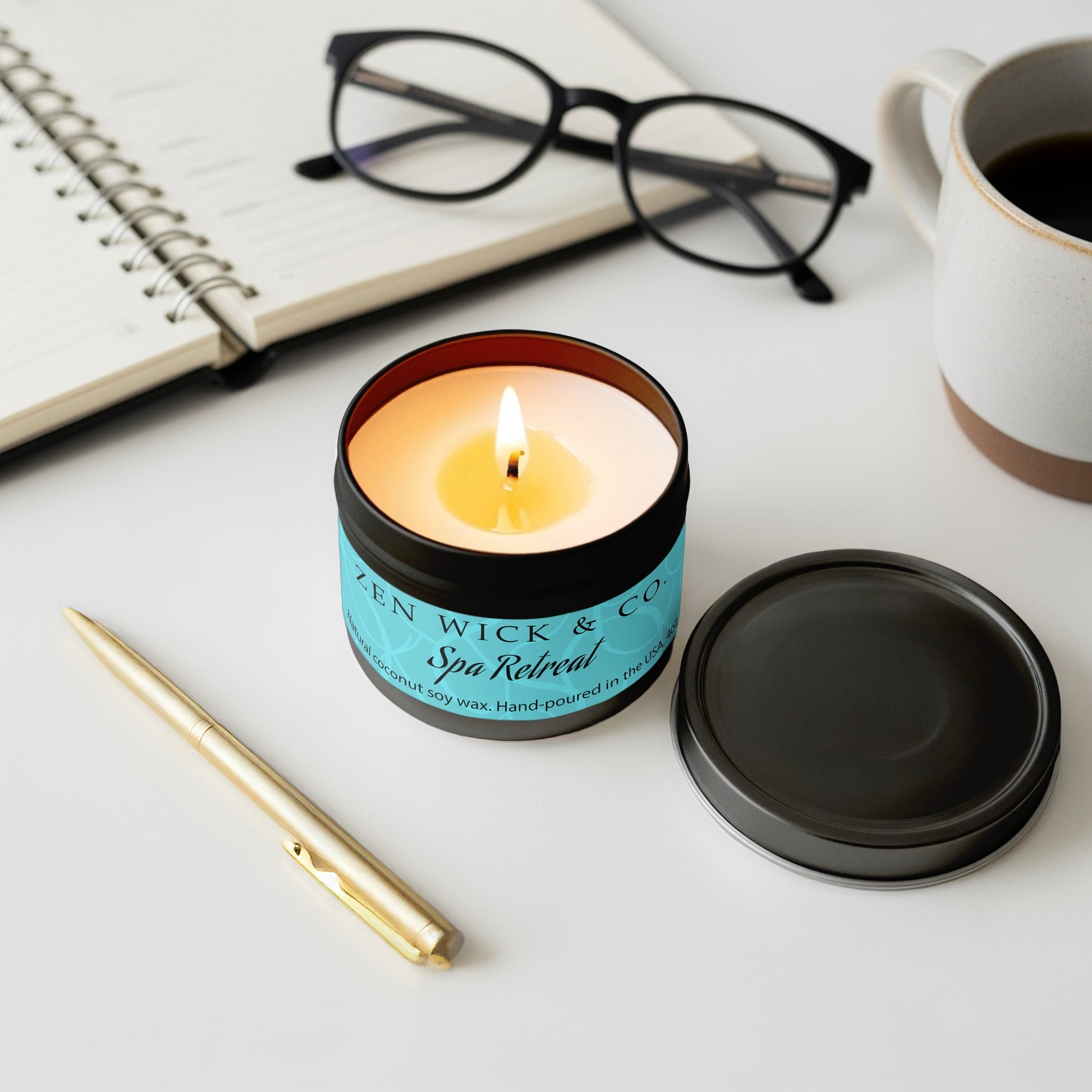 Spa retreat scented tin candle 4oz lit with surrounding decor creating a peaceful and rejuvenating home setting.