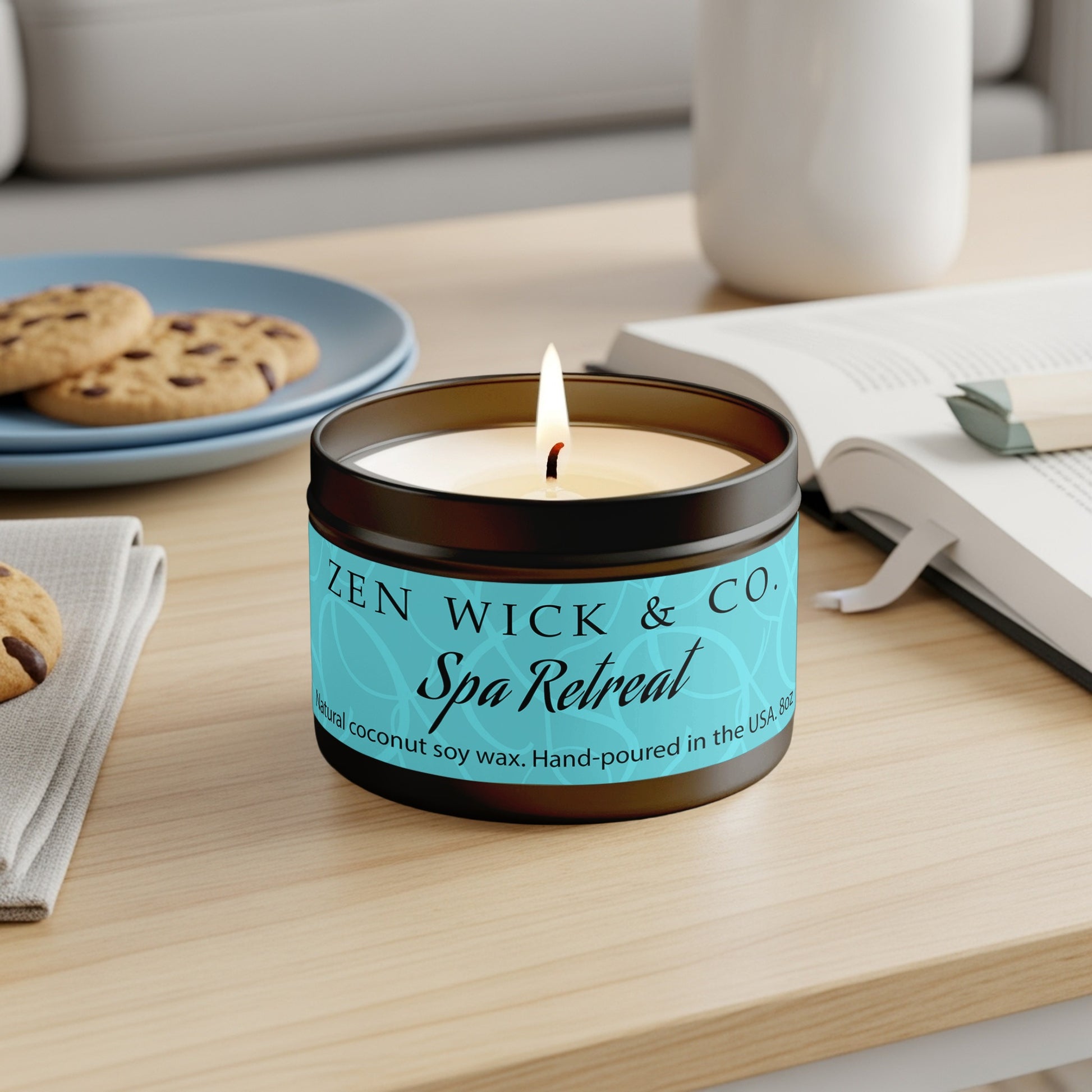 Spa retreat scented tin candle 8oz displayed on coffee table enhancing a calm and balanced home decor setting.