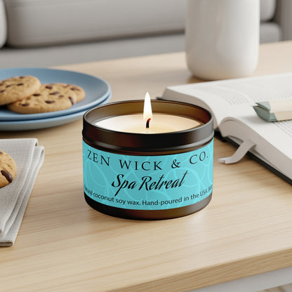 Spa retreat scented tin candle 8oz displayed on coffee table enhancing a calm and balanced home decor setting.