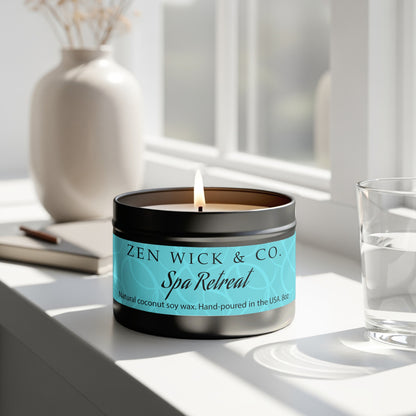 Spa retreat scented tin candle 8oz burning near window with natural light creating a soothing and tranquil mood.