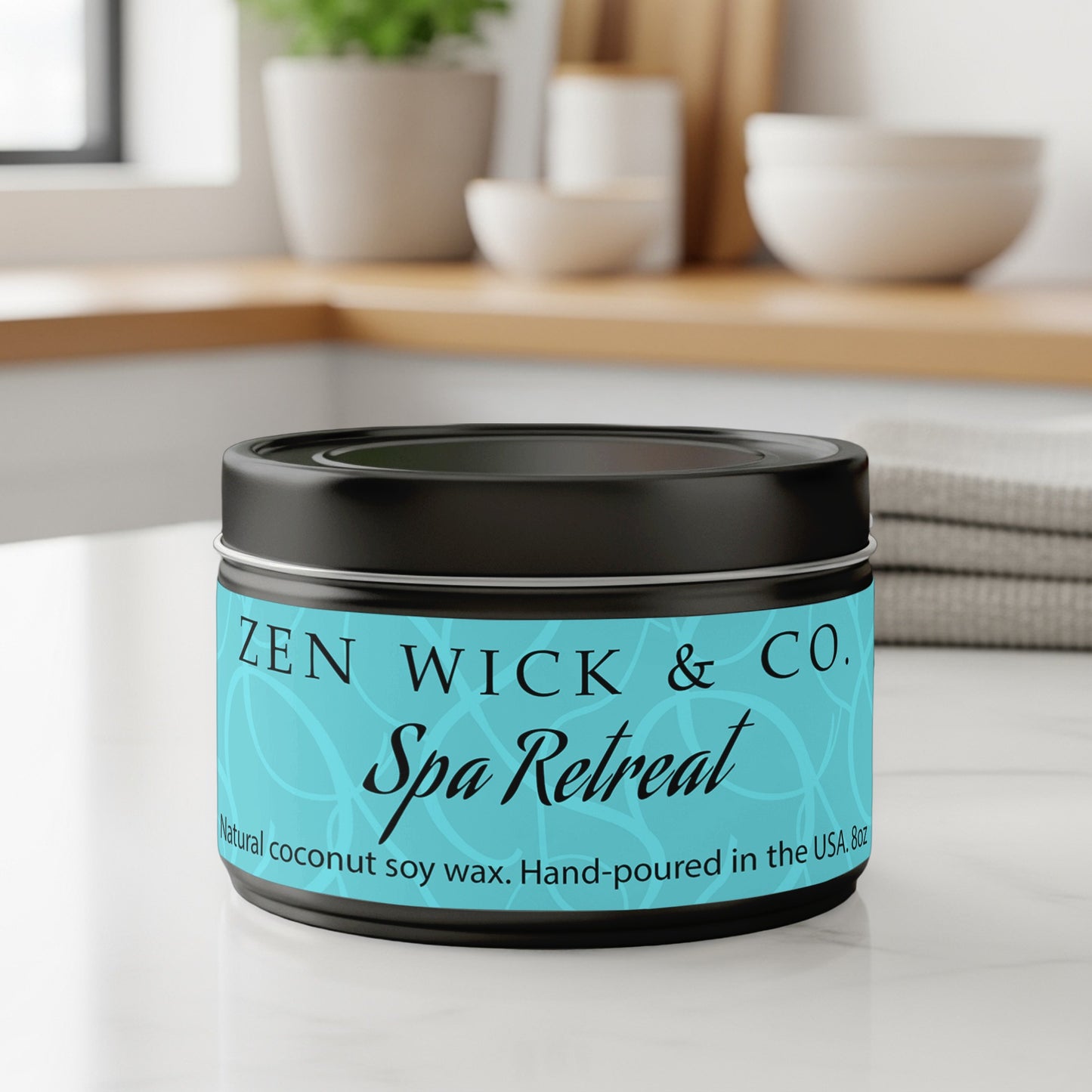 Spa retreat scented tin candle 8oz with lid on featuring a reusable tin container suitable for storage or decor.