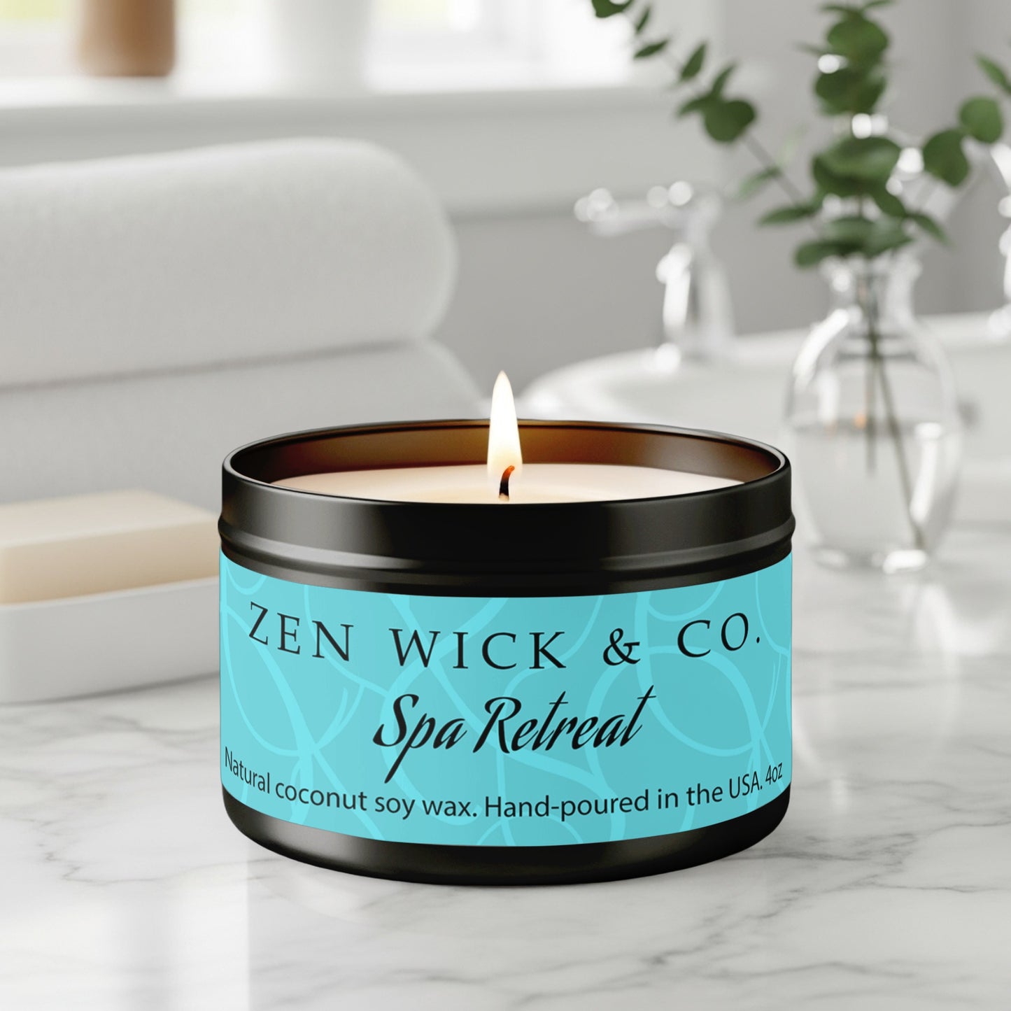 Spa retreat scented tin candle 4oz burning on table with soft glow creating a calming spa-like atmosphere.