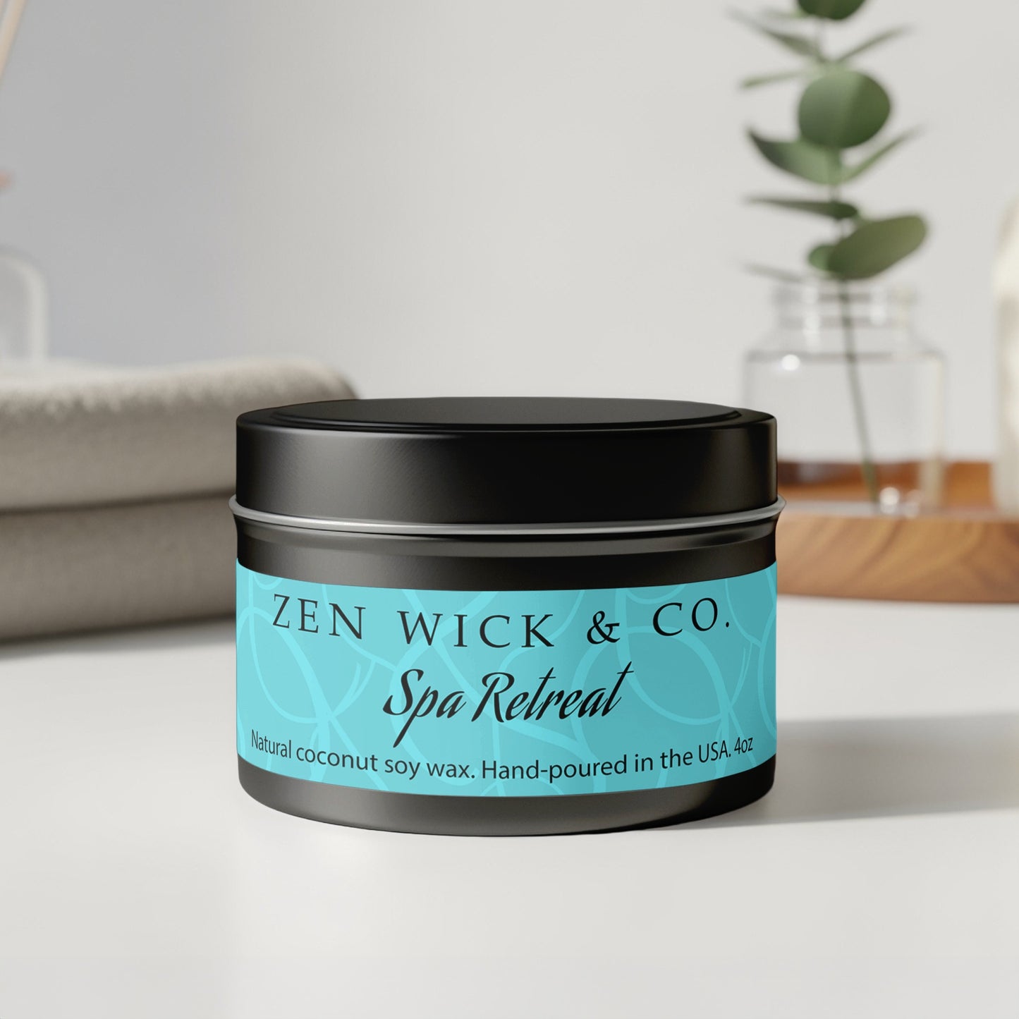 Spa retreat scented tin candle 4oz with lid on displayed on table highlighting clean design and compact size.
