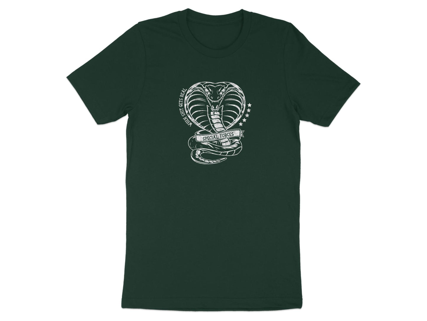 Special Forces Cobra t-shirt in forest green showcasing a striking cobra graphic, perfect for a casual yet bold look.