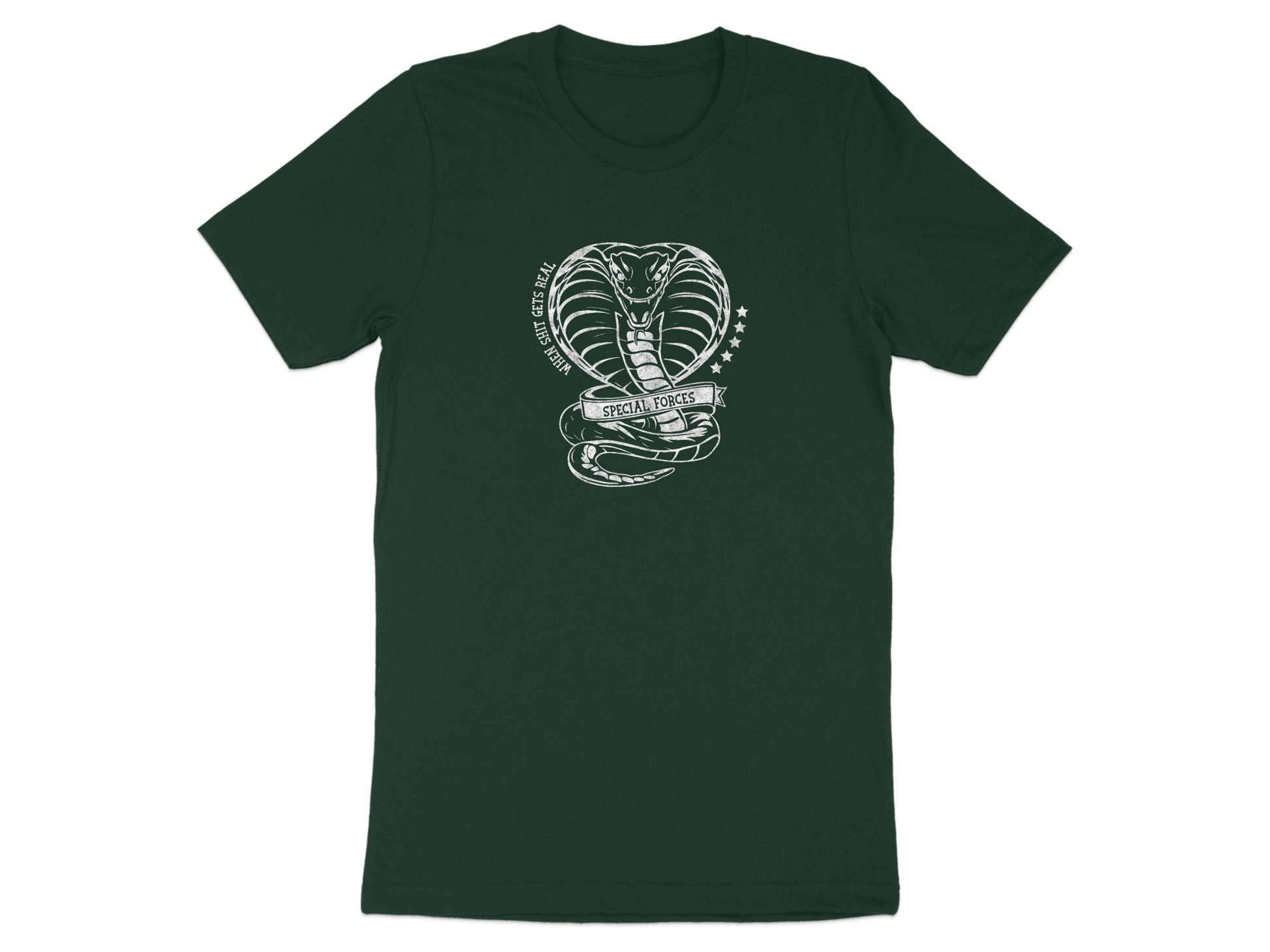 Special Forces Cobra t-shirt in forest green showcasing a striking cobra graphic, perfect for a casual yet bold look.