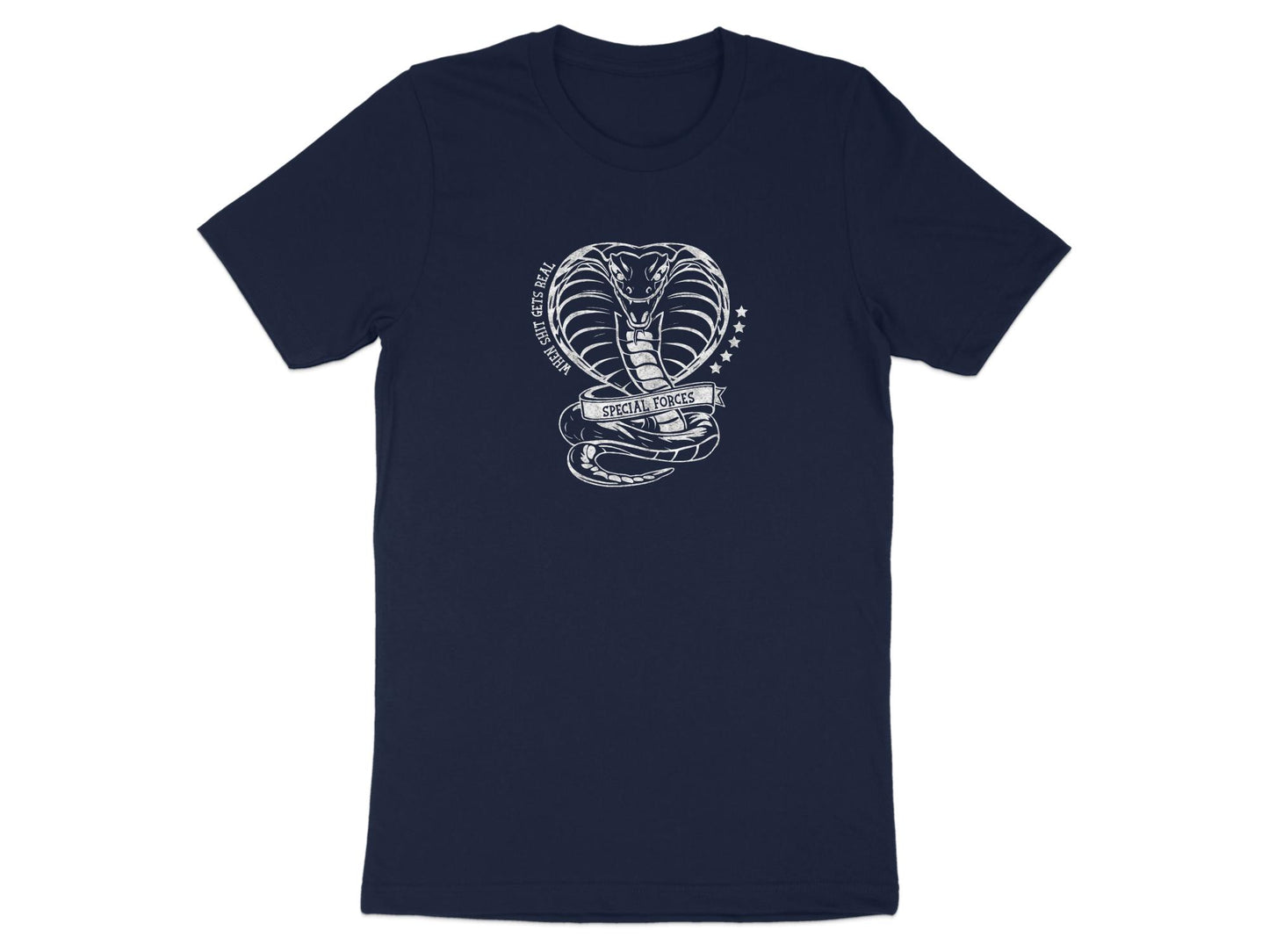 Special Forces Cobra t-shirt in navy with an eye-catching cobra graphic, made from soft cotton for all-day comfort & durability.