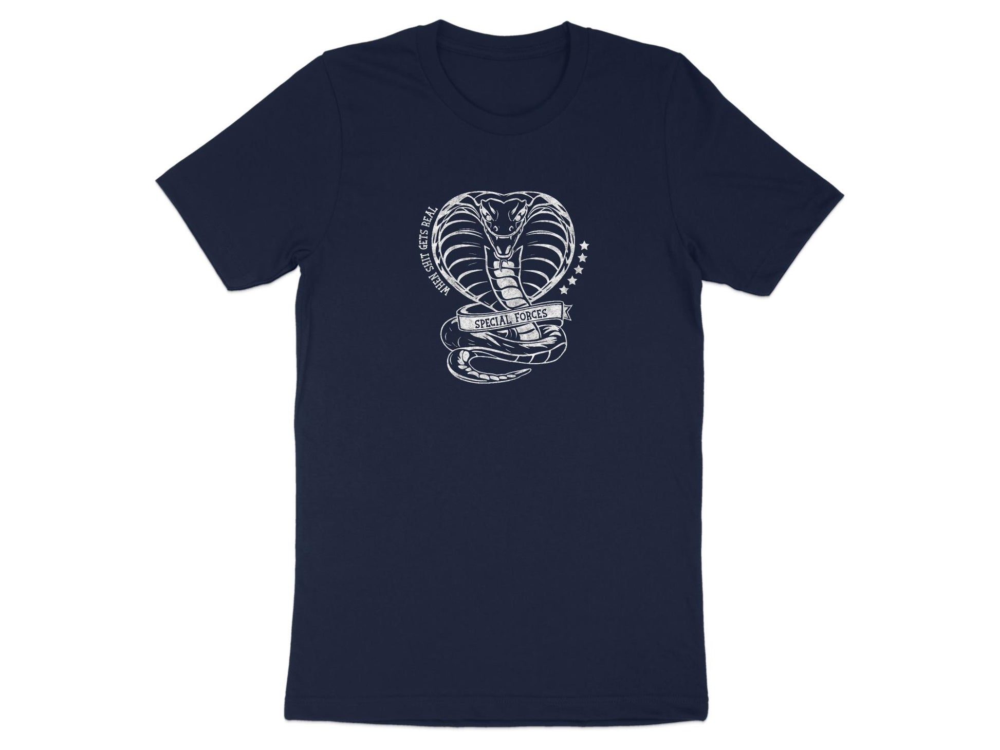 Special Forces Cobra t-shirt in navy with an eye-catching cobra graphic, made from soft cotton for all-day comfort & durability.
