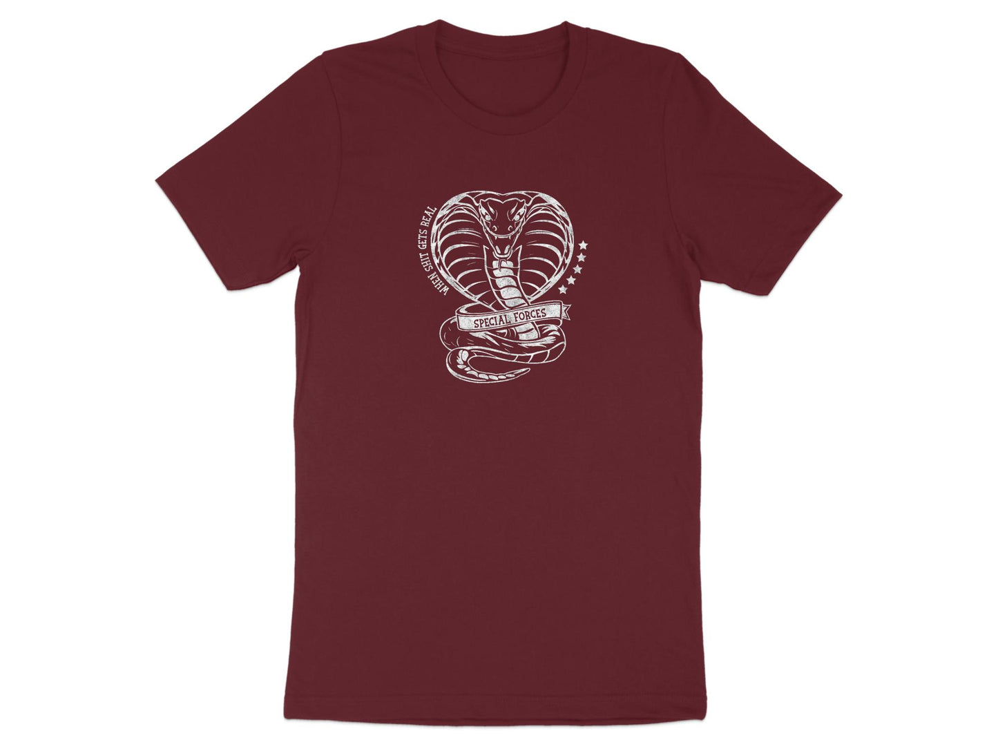 Special Forces Cobra t-shirt in maroon with a fierce cobra graphic, made from premium cotton for ultimate comfort.