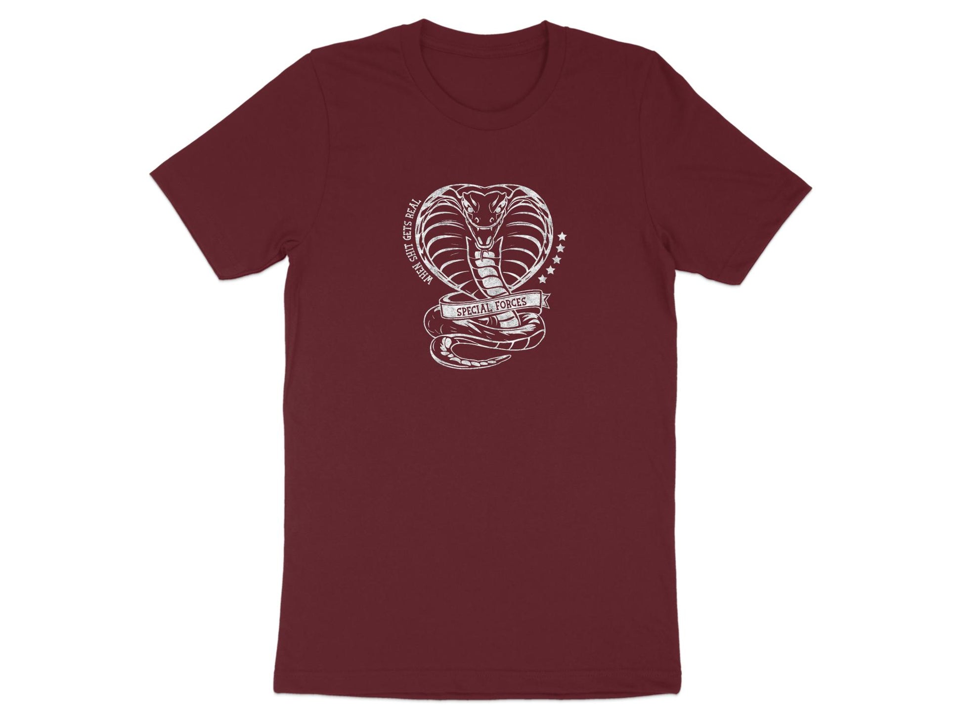 Special Forces Cobra t-shirt in maroon with a fierce cobra graphic, made from premium cotton for ultimate comfort.
