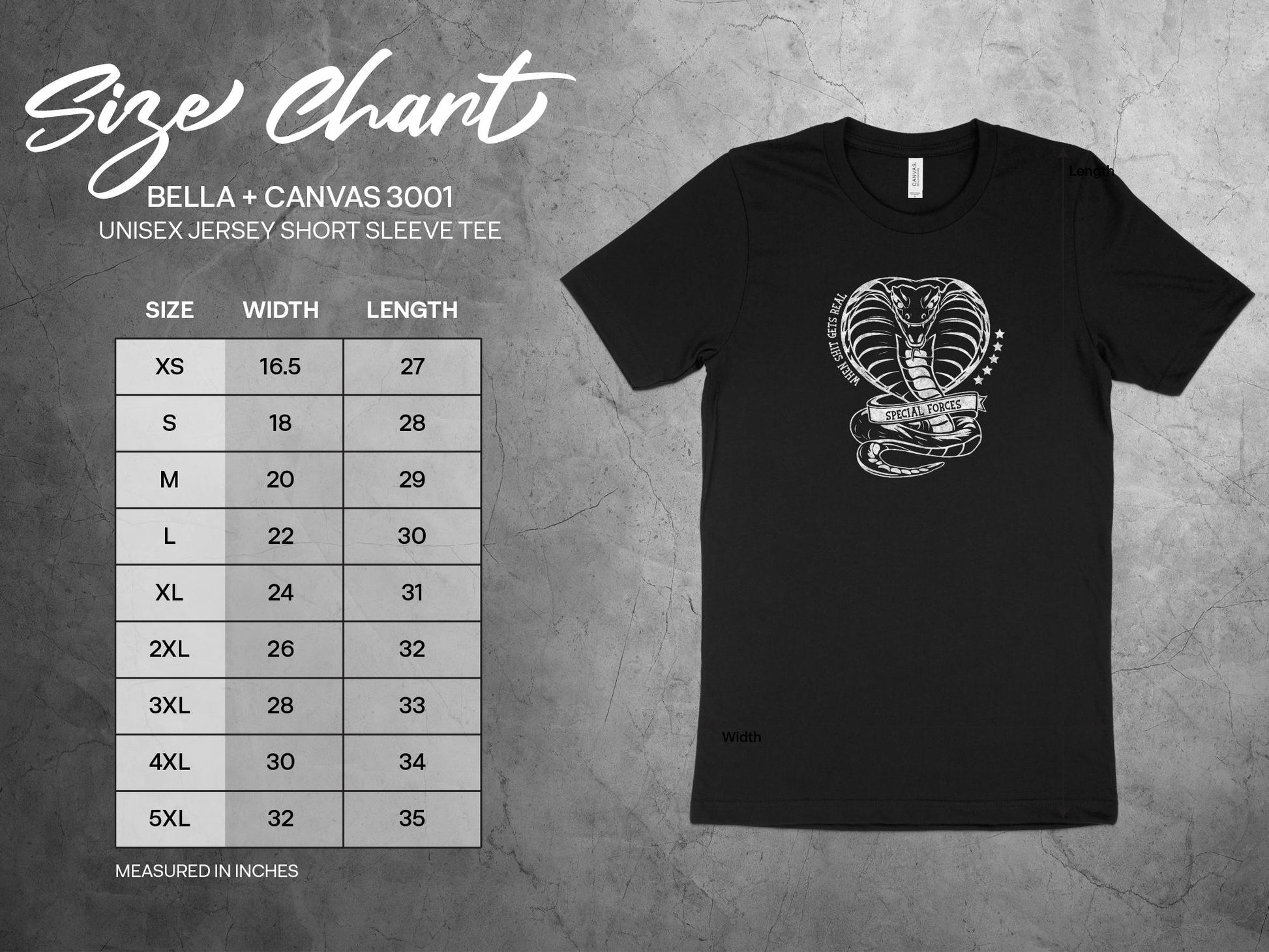 Size chart for Special Forces Cobra t-shirt, available in sizes small to 3XL to ensure the perfect fit.