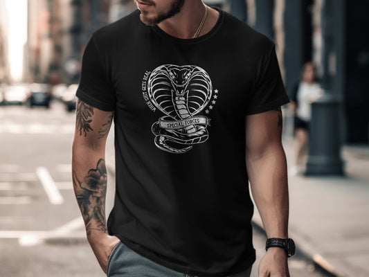 Special Forces Cobra crew neck t-shirt in black featuring a bold cobra snake graphic, soft cotton fabric, and a relaxed fit