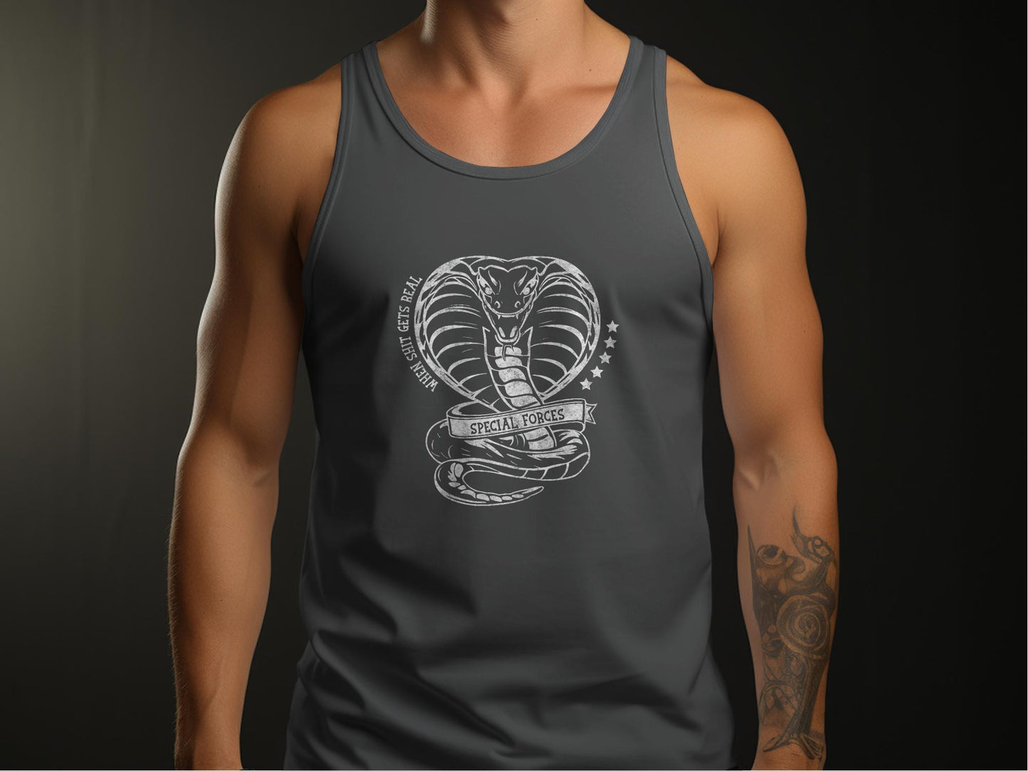 Charcoal Special Forces Tank Top, sleeveless scoop neck cut in soft cotton with bold tactical-style graphic.
