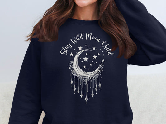 Bohemian navy crew neck with moon child design, relaxed fit, soft fleece-lined pullover sweatshirt.