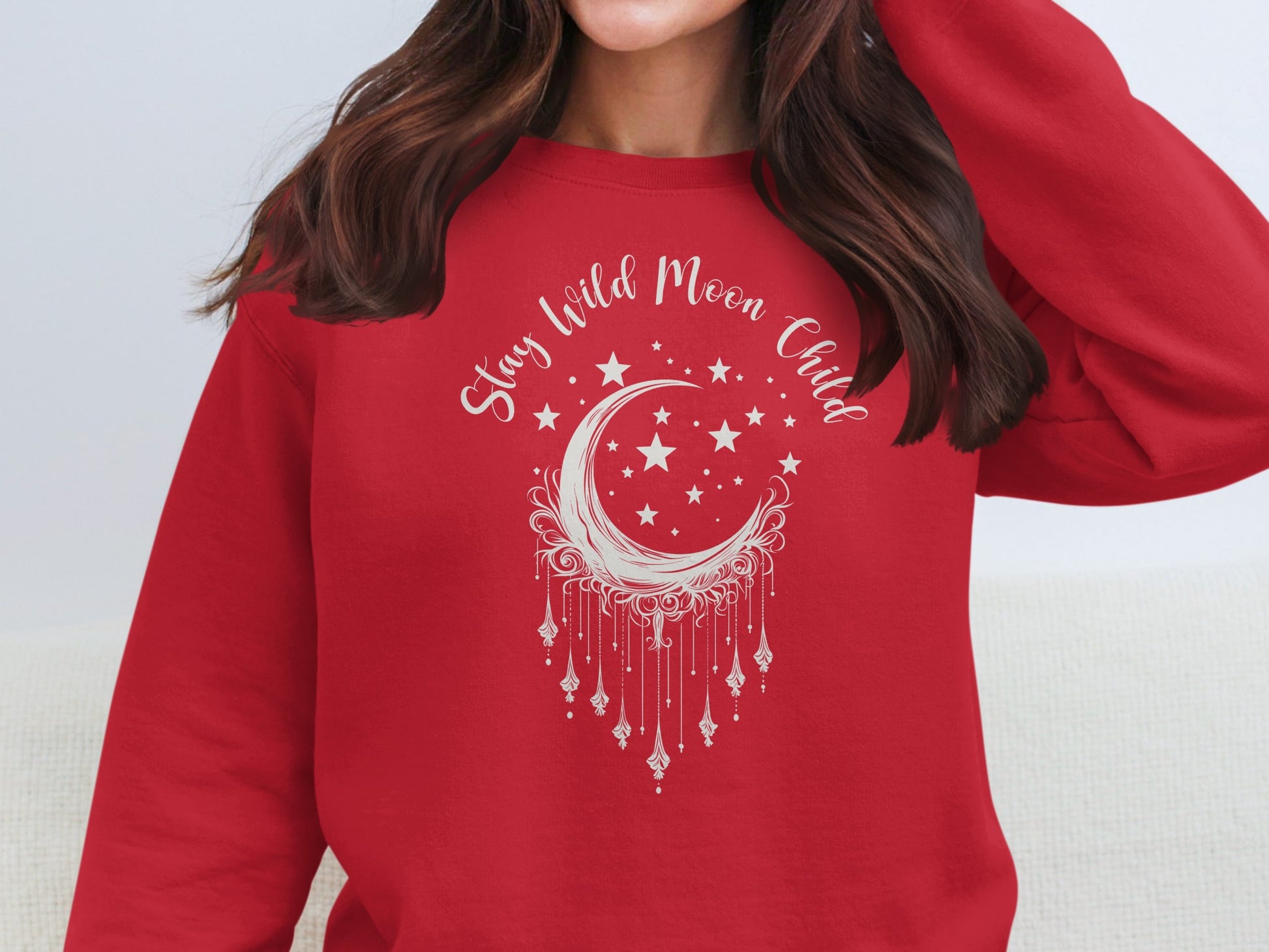 Trendy red Moon Child sweatshirt, cozy pullover style with boho celestial print and classic fit.