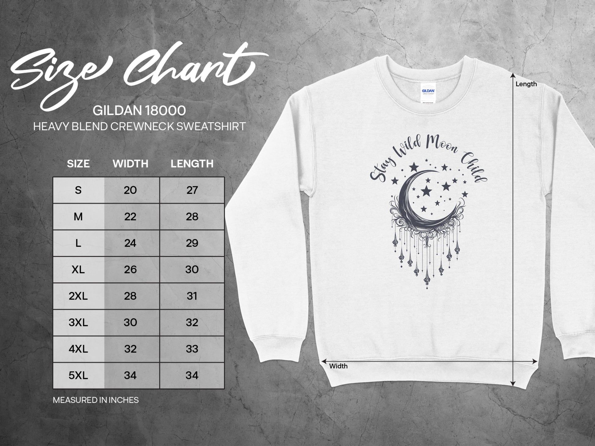 Detailed size chart for Stay Wild Moon Child sweatshirt with measurements for relaxed unisex fit.