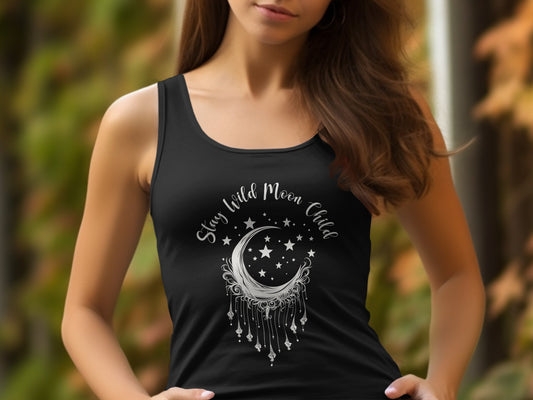 Black Stay Wild Moon Child Tank Top with white moon graphic, sleeveless fit, and soft breathable cotton fabric.