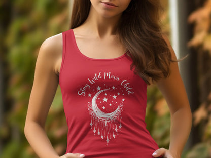 Red Stay Wild Moon Child Tank Top with spiritual moon print, breathable fabric, and empowering cosmic vibe.