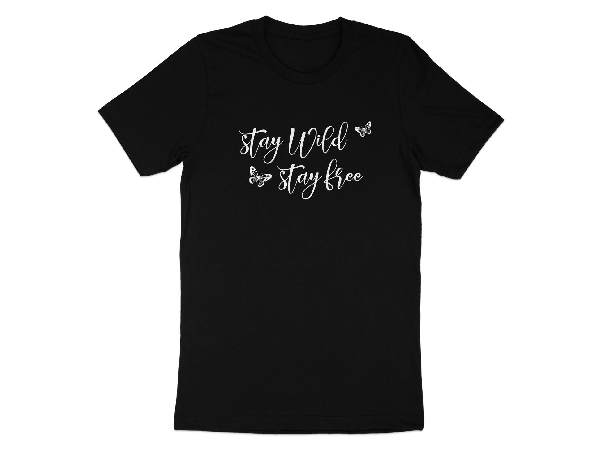 Black Stay Wild Stay Free Butterfly T-Shirt with chest-centred boho white typography and subtle butterfly artwork.