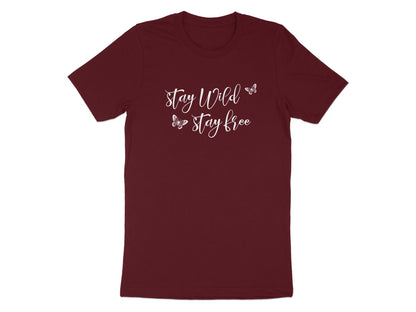 Maroon Stay Wild Stay Free Butterfly T-Shirt with white centre-chest graphic and two floating butterfly illustrations.