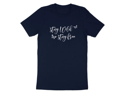 Navy Stay Wild Stay Free Butterfly T-Shirt showcasing centred handwritten quote with soft drifting butterflies.