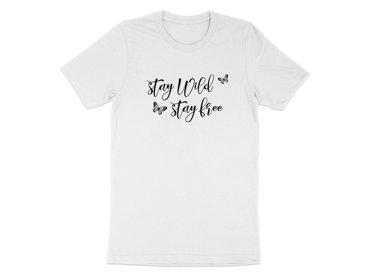 White Stay Wild Stay Free Butterfly T-Shirt displaying minimalist black chest graphic with soft butterfly artwork.