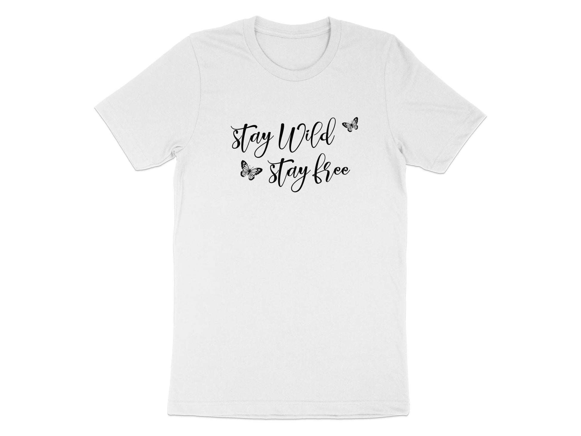 White Stay Wild Stay Free Butterfly T-Shirt displaying minimalist black chest graphic with soft butterfly artwork.