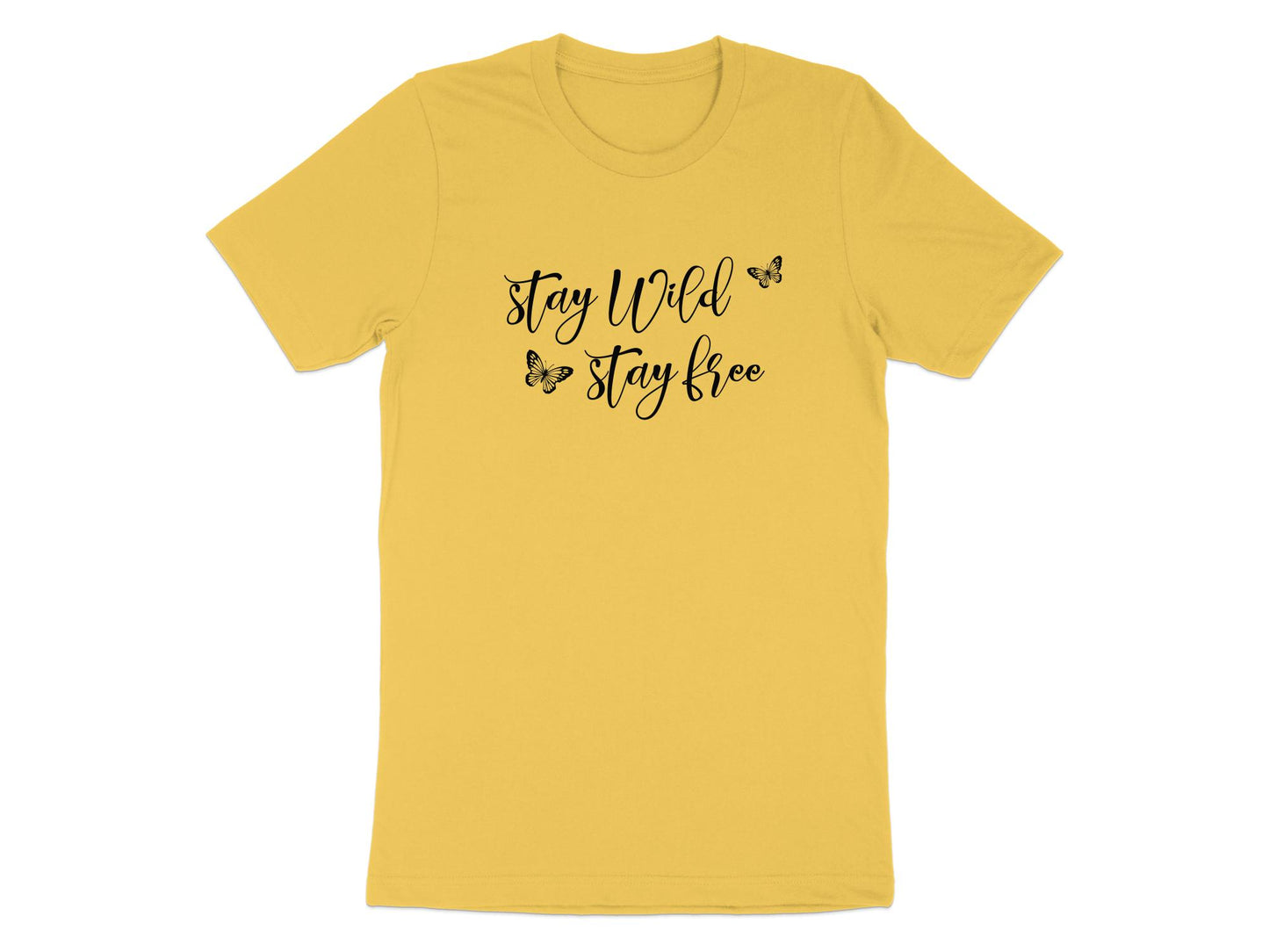 Yellow Stay Wild Stay Free Butterfly T-Shirt featuring centred black script typography with airy butterfly detailing.