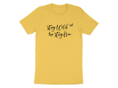 Yellow Stay Wild Stay Free Butterfly T-Shirt featuring centred black script typography with airy butterfly detailing.