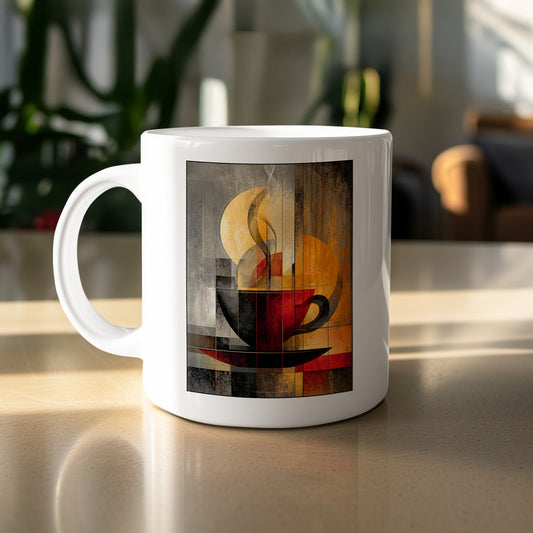 11oz Steam and Geometry Mug with charcoal and red coffee cup, large pale golden disc and flowing cream steam curls.