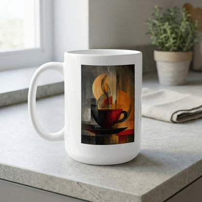 15oz white Steam and Geometry Mug on a kitchen bench featuring a golden disc, cream steam and textured amber panels.
