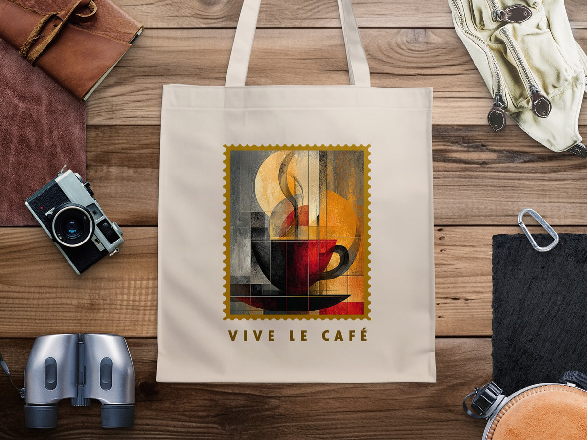 Steam & Geometry Tote Bag with deep-red coffee cup, sweeping cream steam, golden disc and gold serrated stamp border.