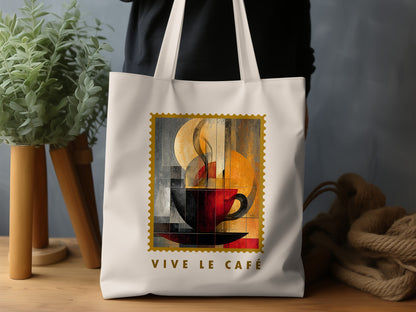 Steam & Geometry Tote Bag with deep-red cup, golden disc, painterly geometric panels and gold stamp border.
