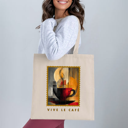 Steam & Geometry Tote Bag with deep-red coffee cup, sweeping cream steam and golden disc worn over shoulder.