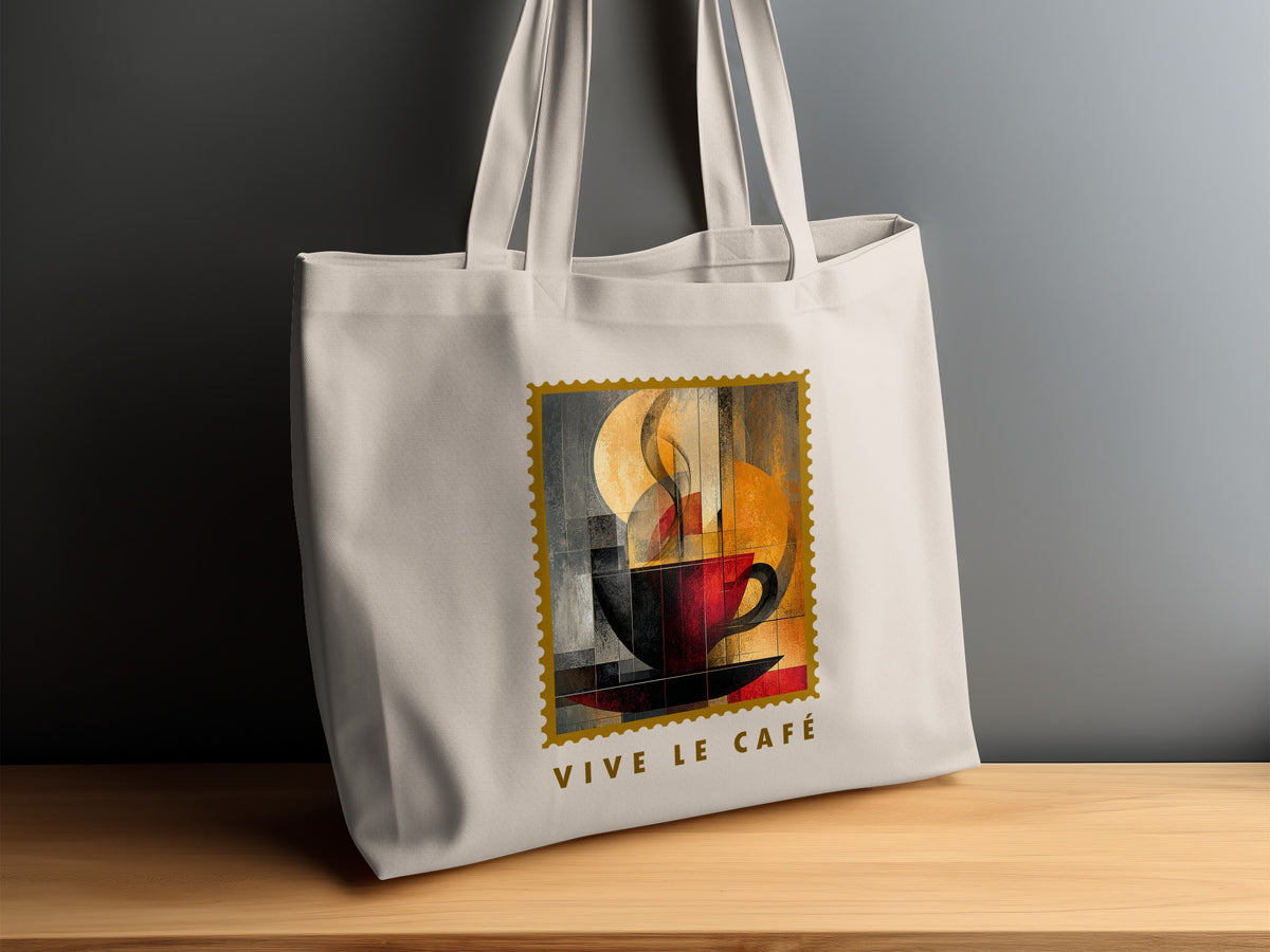 Steam & Geometry canvas tote bag on timber sideboard with cream steam curls, geometric artwork and VIVE LE CAFE subtitle.