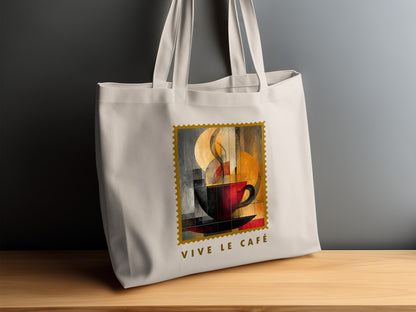 Steam & Geometry canvas tote bag on timber sideboard with cream steam curls, geometric artwork and VIVE LE CAFE subtitle.