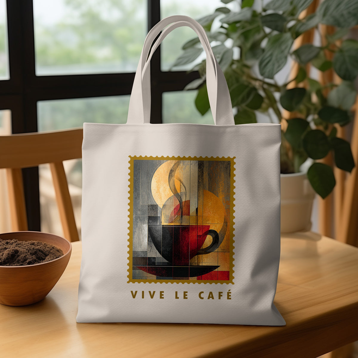 Steam & Geometry canvas tote bag with deep-red cup, cream steam curls, geometric panels and VIVE LE CAFE lettering on wooden table.
