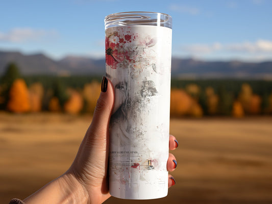 Personalised travel tumbler with monochrome female portrait, blooming botanicals, gold script name, and butterfly artwork.