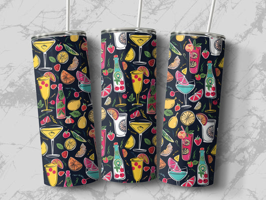 Wrap-around drink tumbler showcasing cocktails, cherries, lemons, kiwi slices, and retro-inspired sketch artwork.