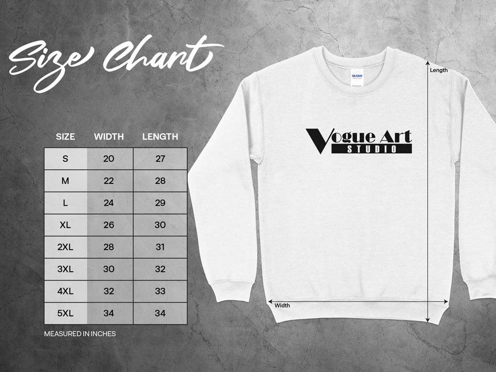 Size chart for graphic sweatshirts showing unisex Small to 3XL chest width, body length, and sleeve measurements in inches.