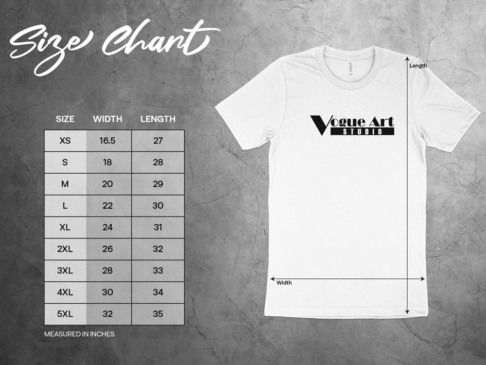 Graphic T-shirt size chart showing unisex Small to 3XL chest width and body length measurements in inches for men and women.