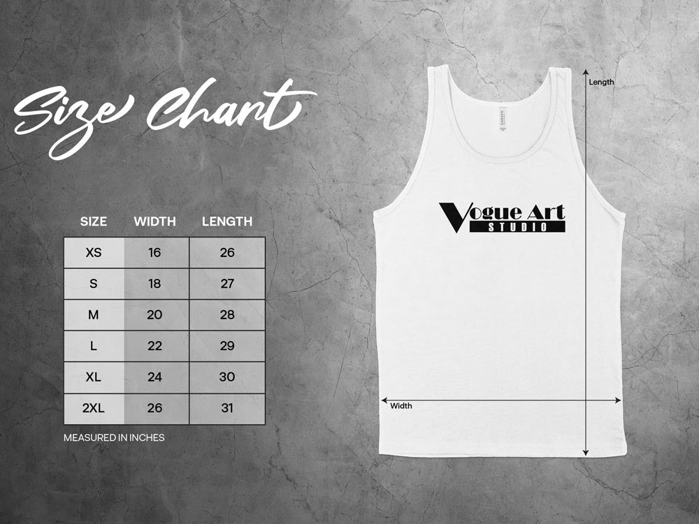 Size chart for graphic tank tops showing unisex Small to 2XL chest width and body length measurements in inches.