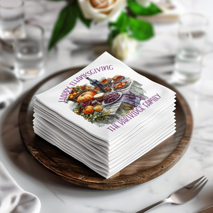 Personalized Thanksgiving napkins, ideal for cocktails, dinner, and all your holiday dining needs.