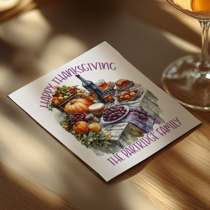 Celebrate Thanksgiving with customizable dinner napkins, designed to complement cocktails and festive beverages.