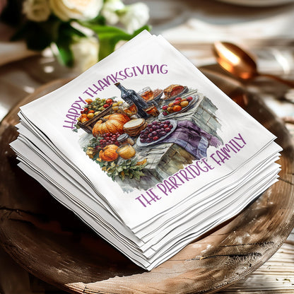 Personalized Thanksgiving serviettes for your dinner party, perfect for serving drinks, cocktails, and holiday meals.