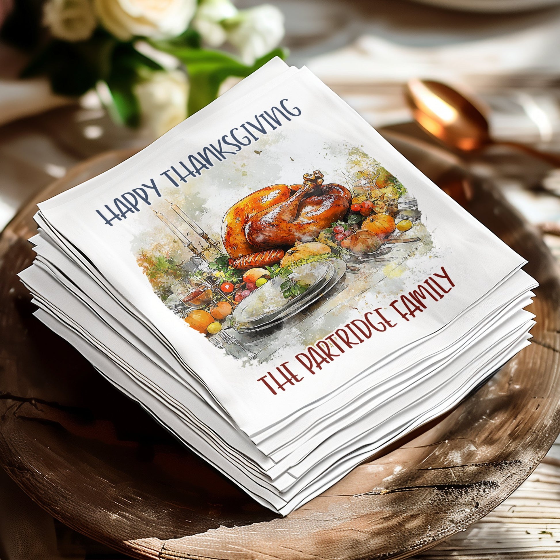 Custom Thanksgiving turkey napkins for your dinner party, perfect for serving meals, drinks, and seasonal cocktails.