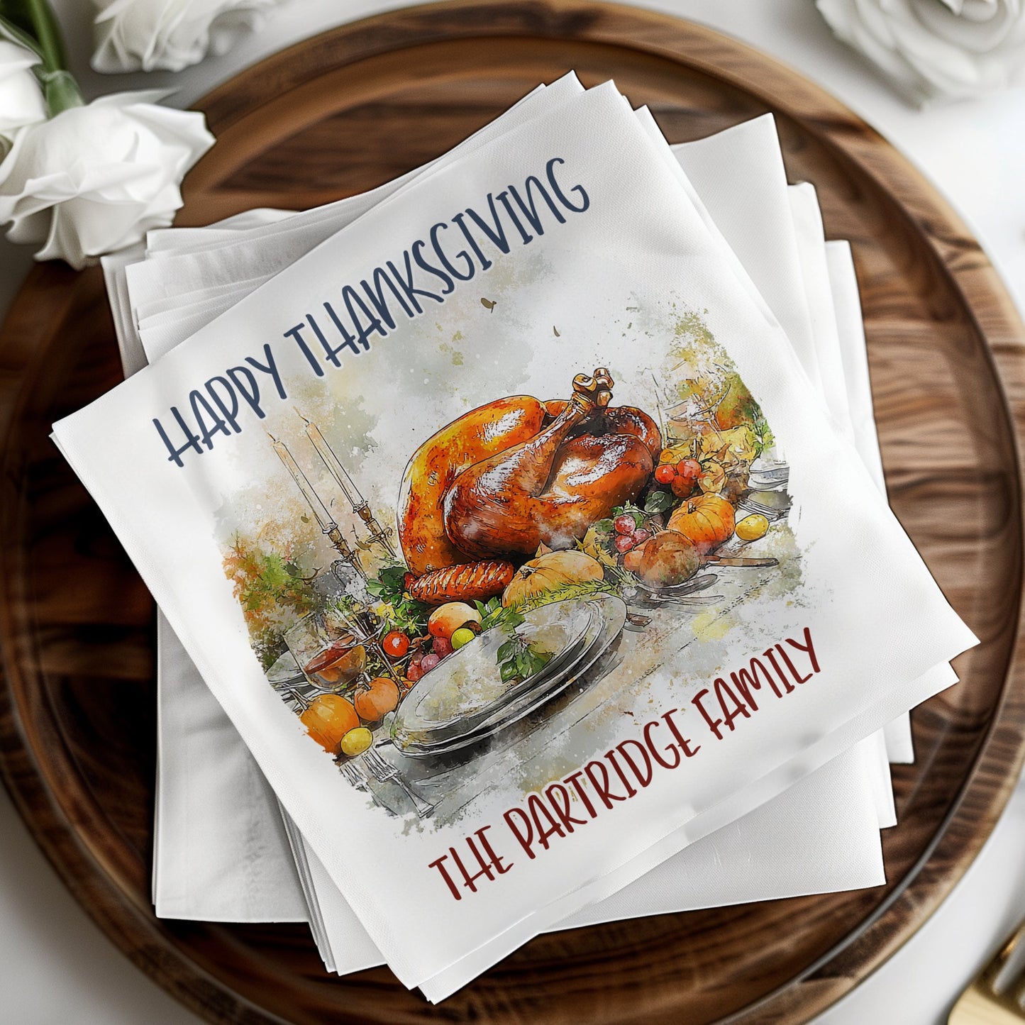 Personalized Thanksgiving napkins with a turkey design, perfect for your festive table, appetizers, and cocktails.