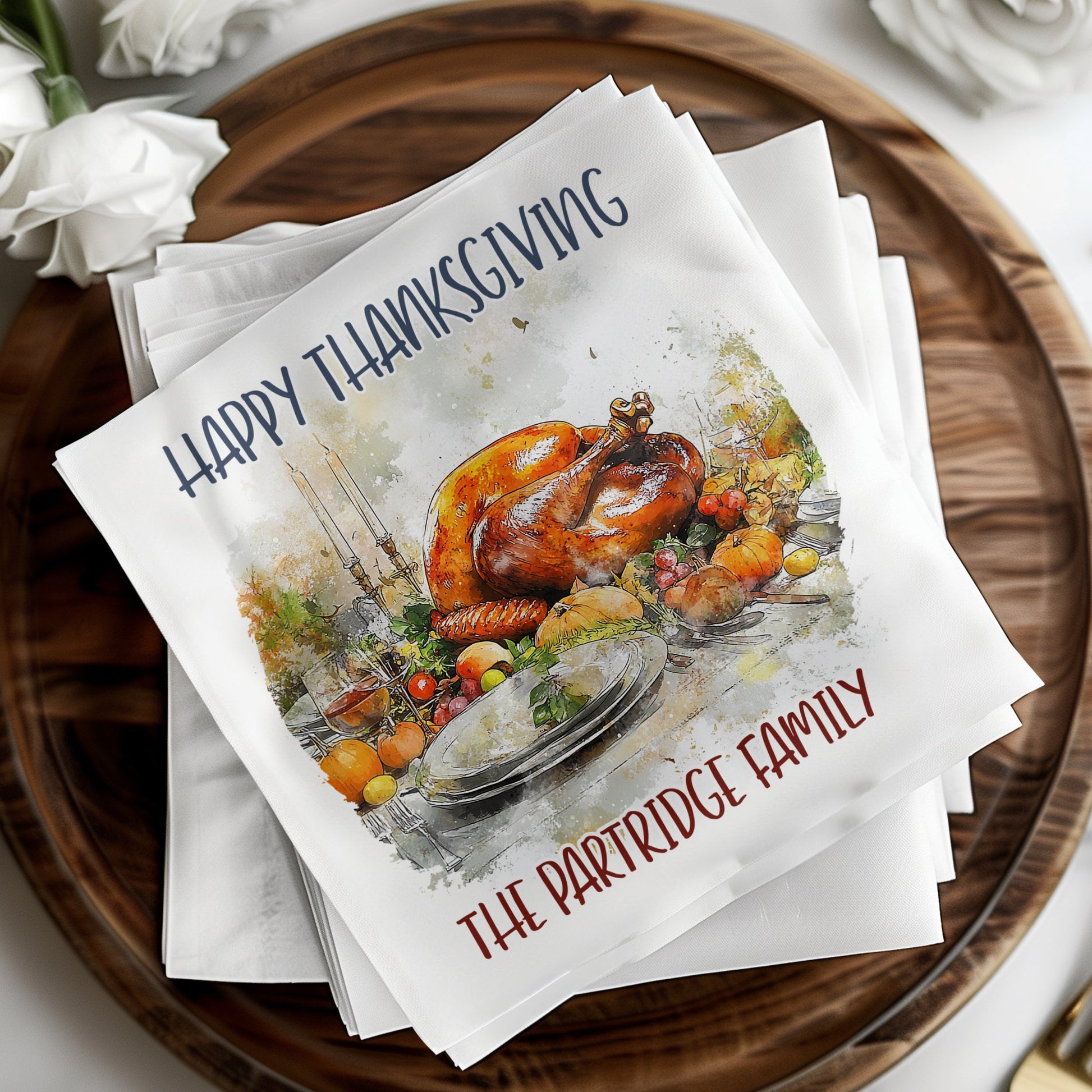 Personalized Thanksgiving napkins with a turkey design, perfect for your festive table, appetizers, and cocktails.