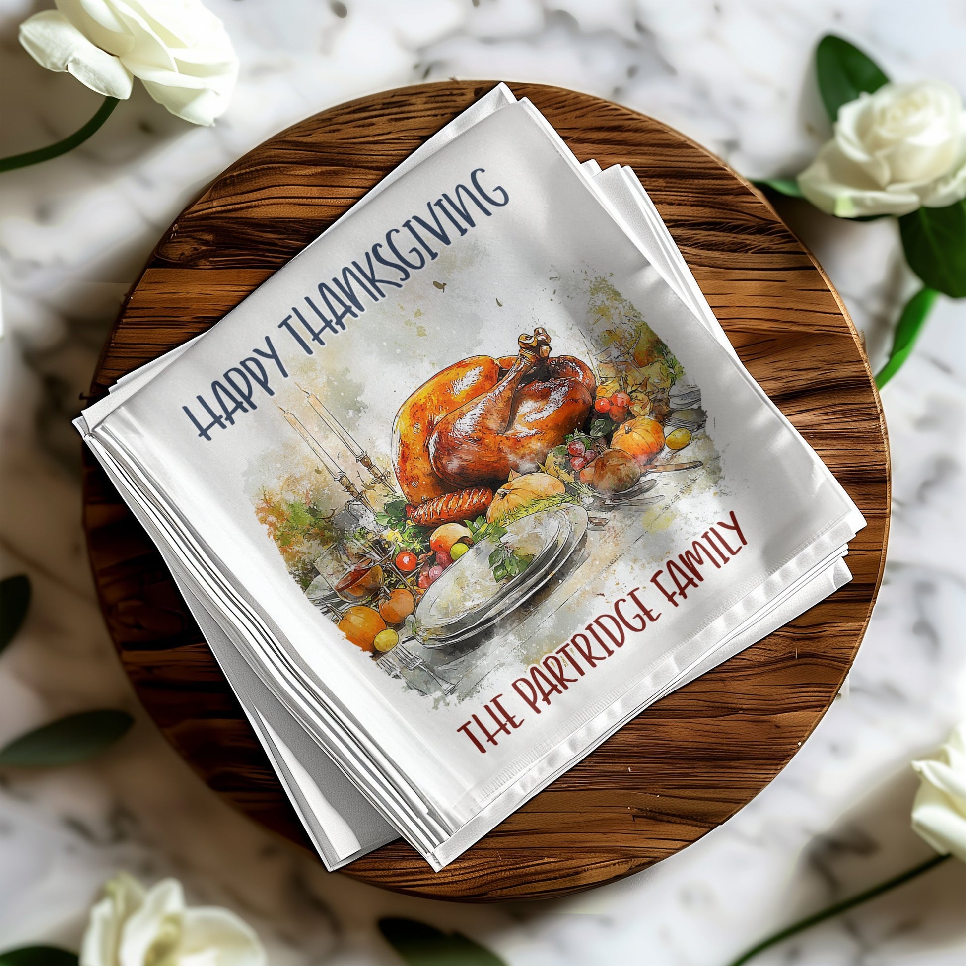 Personalized Thanksgiving turkey napkins, perfect for adding a festive touch to your dinner table and beverage stations.