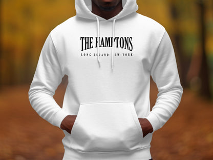 White Hamptons Hoodie with minimalist design, unisex fit, and long sleeve pullover style for laid-back looks