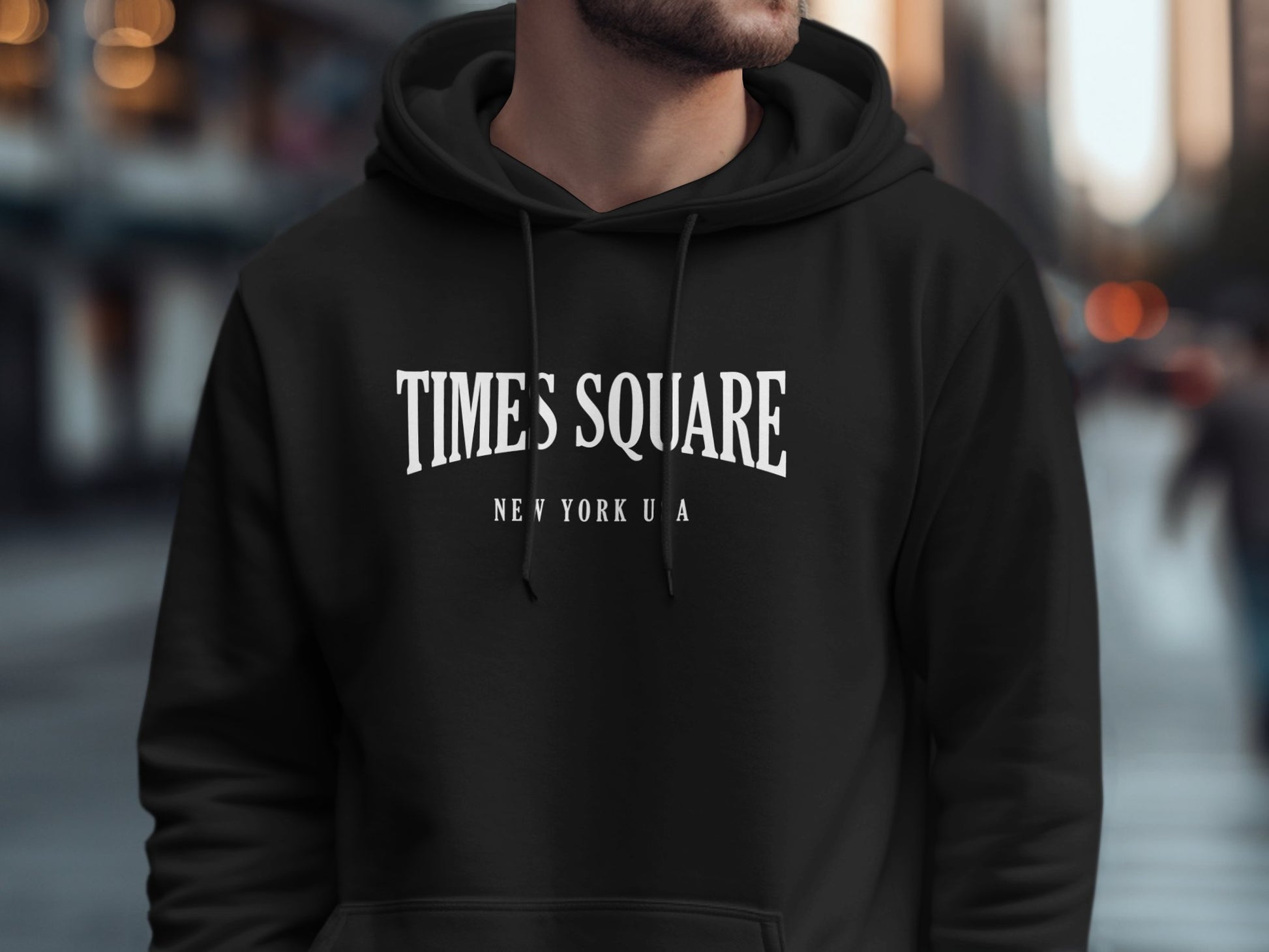 Black Times Square Hoodie with bold graphic design, unisex pullover fit, and long sleeves for casual comfort